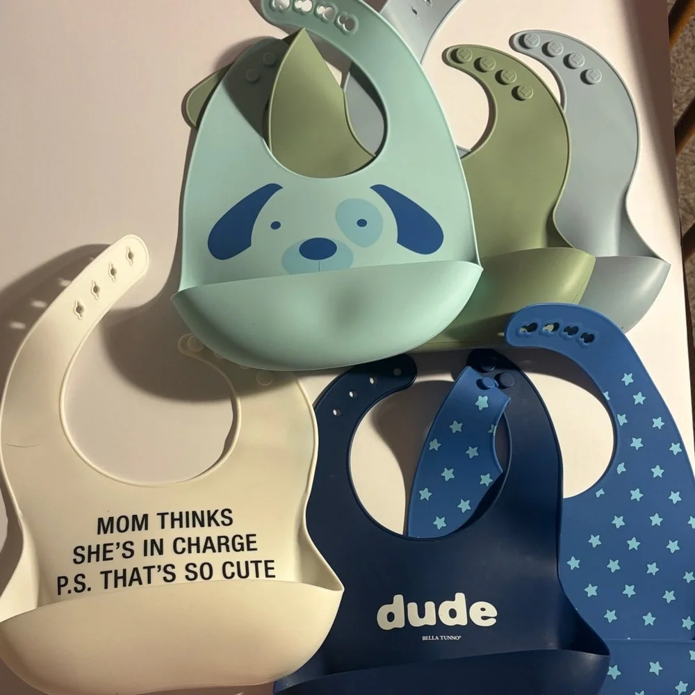 Kids Silicone Bibs Set - Blue, Light Blue, Green, Cream - Dude & Novelty Designs